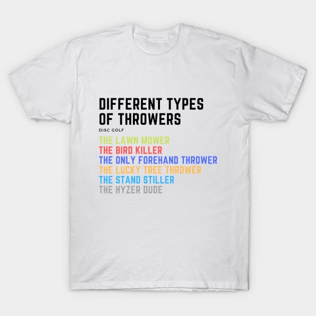 Disc golf - types of throwers T-Shirt by Zodde art